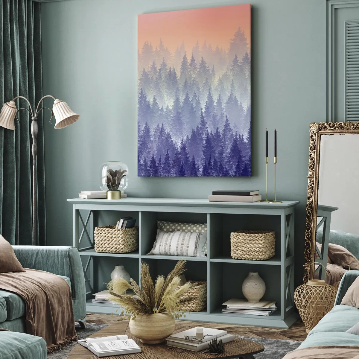 Bild auf Leinwand - Leinwandbild - Ein nebliger Wald in Lila- und Orangetönen - 80x120cm - Hoch, höher, zum Himmel - Moderne Wanddekoration für Wohnzimmer und Schlafzimmer ARTTOR