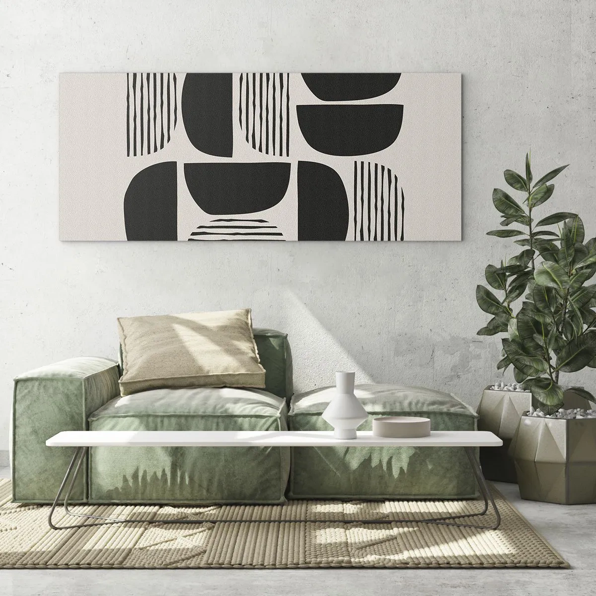 Glasbild - Bild auf glas - Geometrie mit Halbkreisen und Linien in Schwarz auf hellem Hintergrund - 120x50cm - Halbherzige Deals - Moderne Wanddekoration für Wohnzimmer und Schlafzimmer ARTTOR