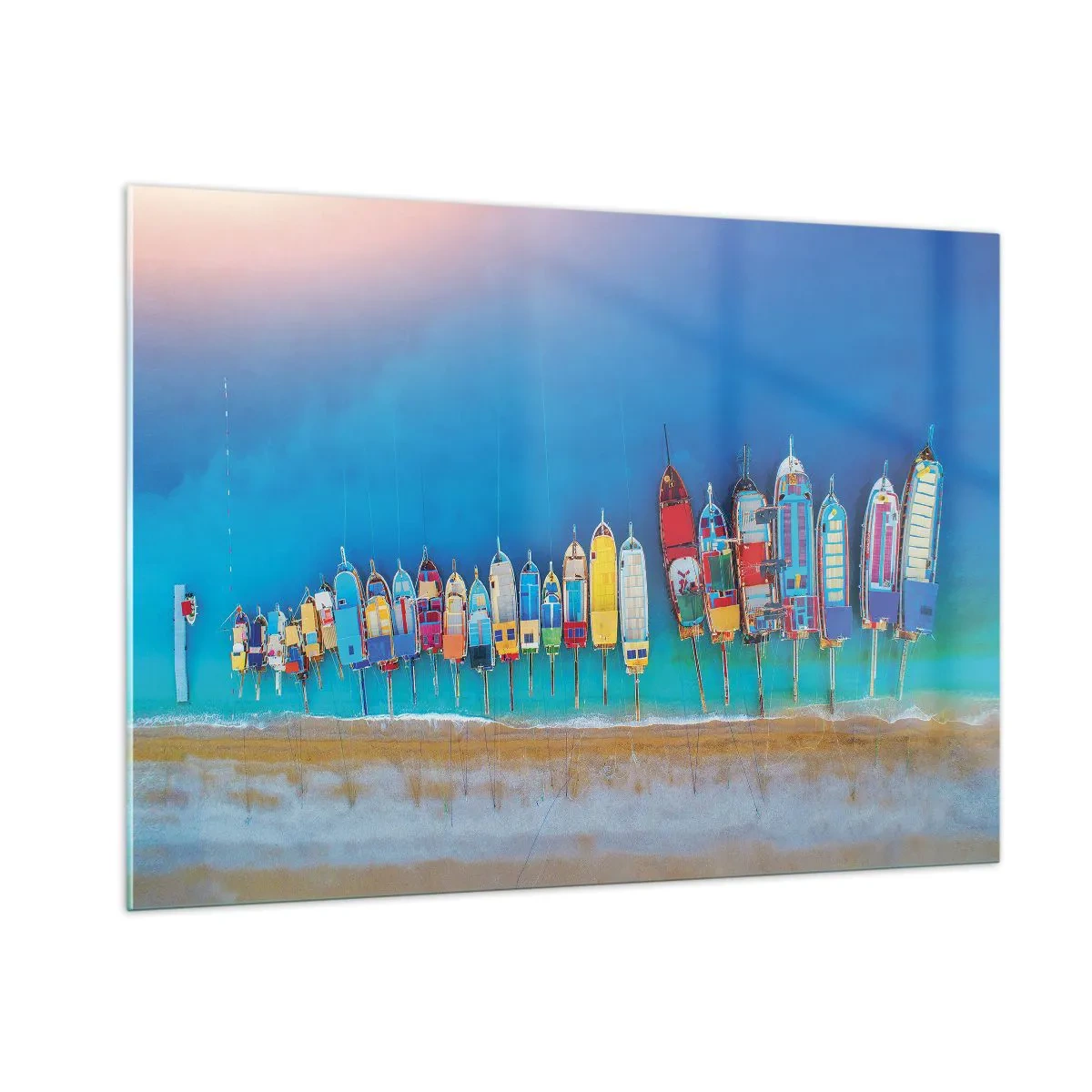Glasbild - Bild auf glas - Bunte Boote am Ufer des türkisfarbenen Meeres - 100x70cm - Aus der Vogelperspektive - Moderne Wanddekoration für Wohnzimmer und Schlafzimmer ARTTOR