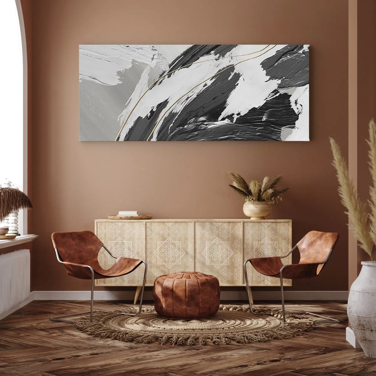 Bild auf Leinwand - Leinwandbild - Schwarze und weiße Pinselstriche mit einem subtilen goldenen Akzent - 160x50cm - Abstraktion in großem Stil - Moderne Wanddekoration für Wohnzimmer und Schlafzimmer ARTTOR