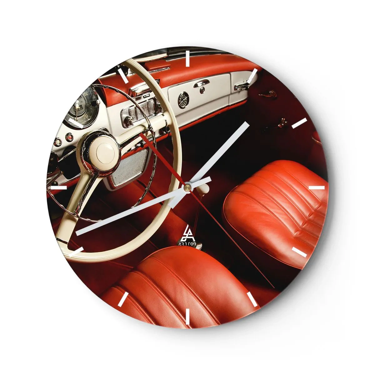 Wanduhr - Glasuhr - Oldtimer-Innenraum mit roten Sitzen - 30x30cm - Luxus im Vintagestil - Moderne Wanddekoration für Wohnzimmer, Küche und Schlafzimmer ARTTOR
