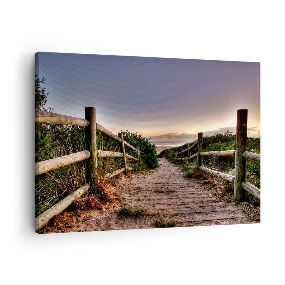 Bild auf Leinwand - Leinwandbild - Holzweg in den Dünen, der bei Sonnenuntergang zum Strand führt - 70x50cm - Das Ziel ist bereits sichtbar - Moderne Wanddekoration für Wohnzimmer und Schlafzimmer ARTTOR