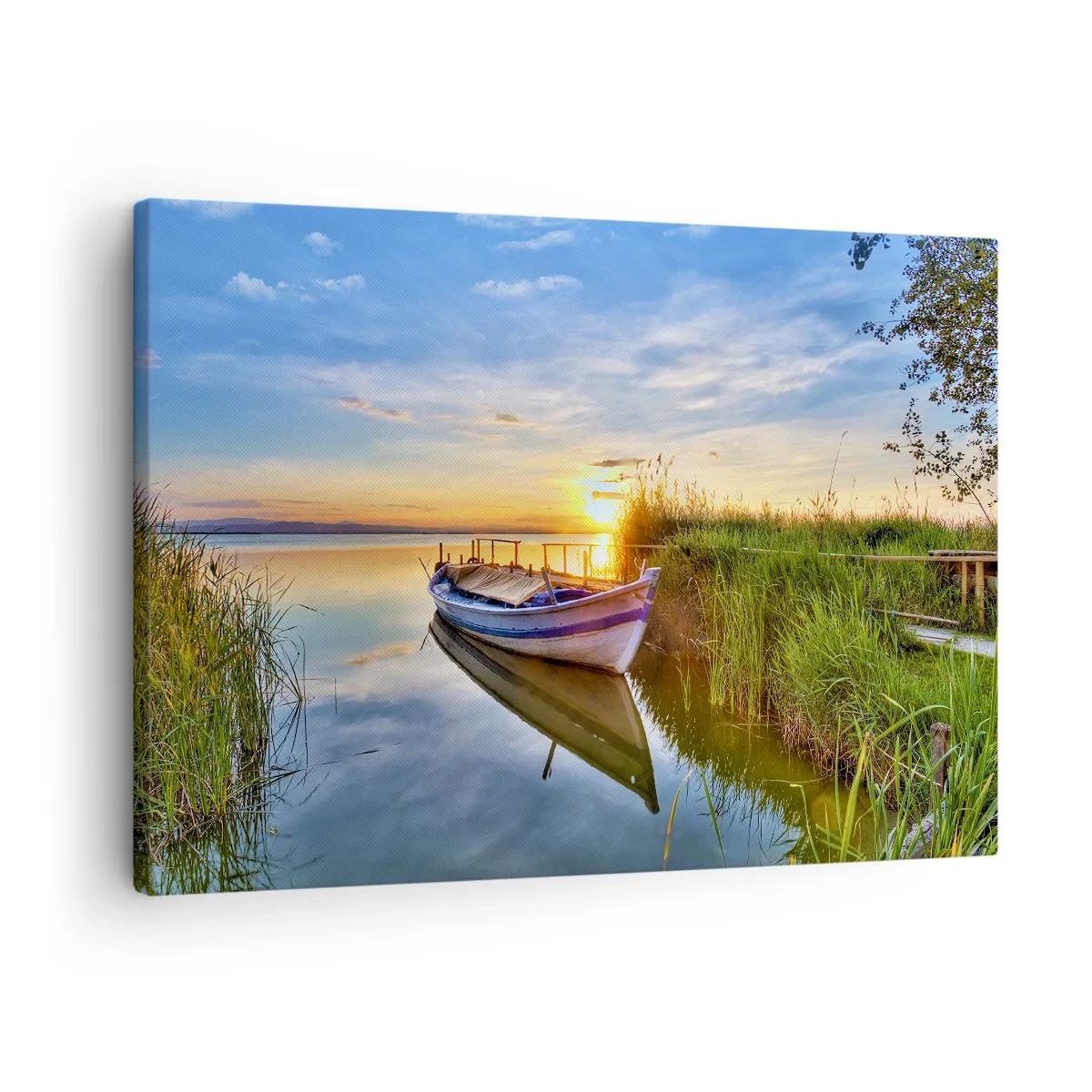 Bild auf Leinwand - Leinwandbild - Ein Boot in einer ruhigen Bucht bei Sonnenuntergang - 70x50cm - Bucht erfüllter Träume - Moderne Wanddekoration für Wohnzimmer und Schlafzimmer ARTTOR