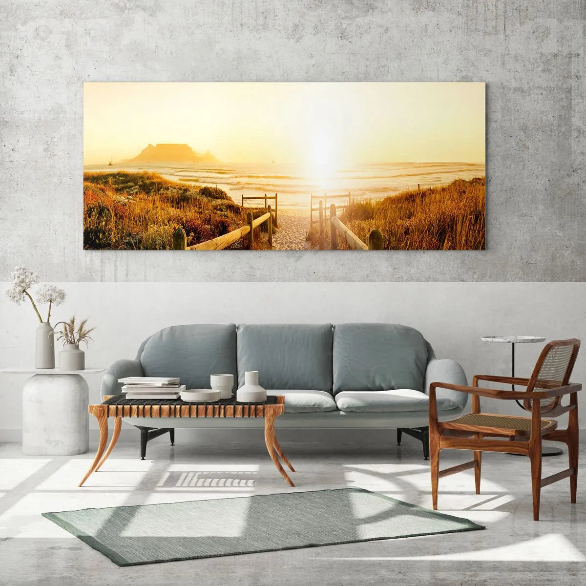 Glasbild - Bild auf glas - Weg zum Strand bei goldenem Sonnenuntergang - 140x50cm - Über die Düne, der Sonne entgegen - Moderne Wanddekoration für Wohnzimmer und Schlafzimmer ARTTOR