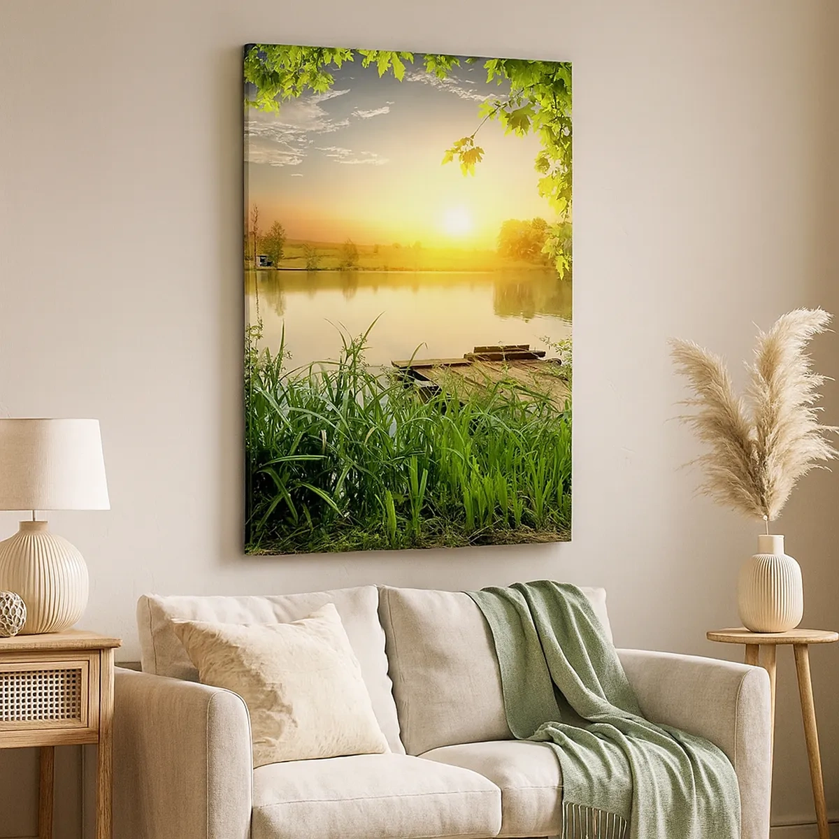 Bild auf Leinwand - Leinwandbild - Grüne Landschaft mit einem See bei Sonnenuntergang - 50x70cm - Landschaft in einem grünen Rahmen - Moderne Wanddekoration für Wohnzimmer und Schlafzimmer ARTTOR