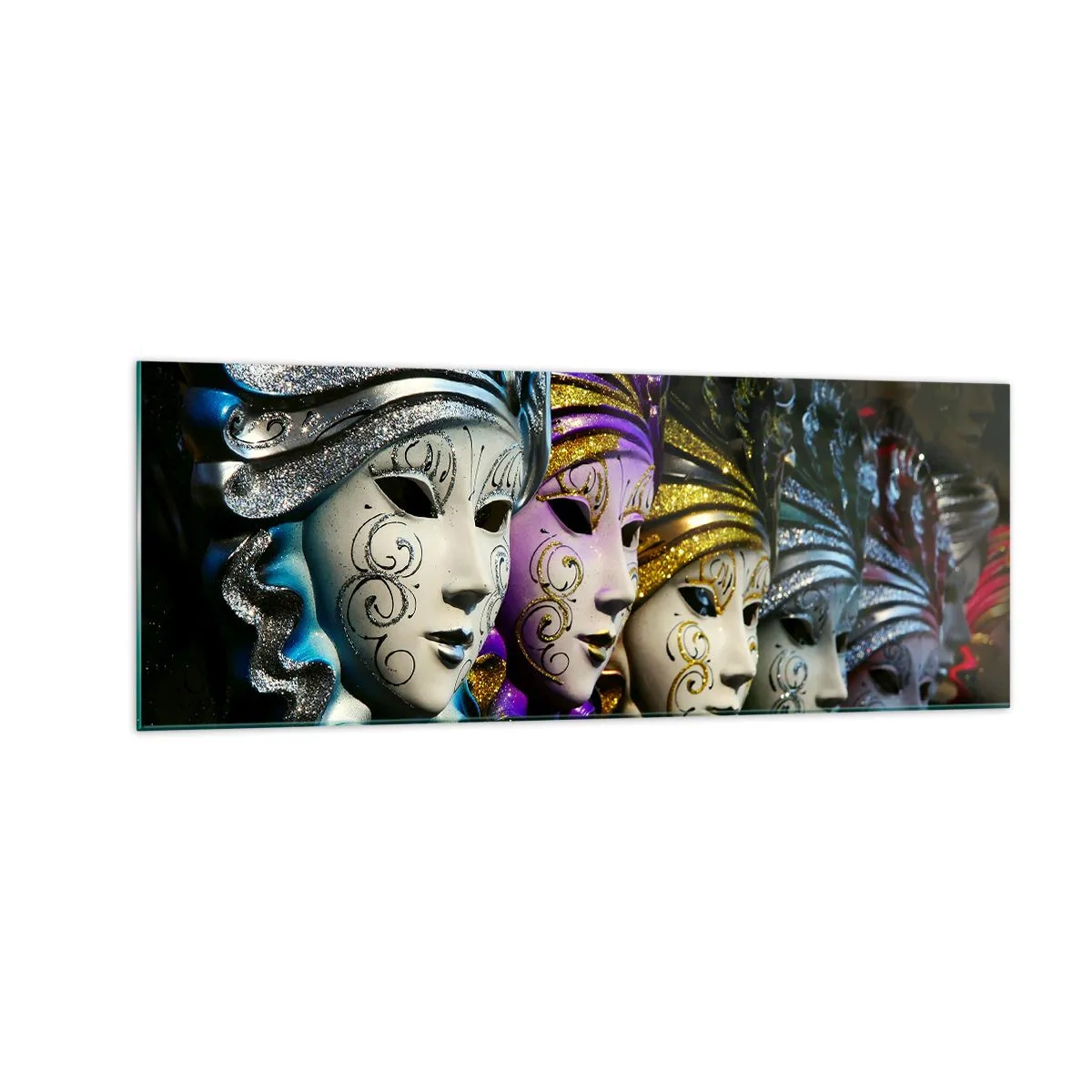 Glasbild - Bild auf glas - Venezianische Masken in verschiedenen Farben mit dekorativen Mustern - 140x50cm - Geheimnis in Gold und Silber - Moderne Wanddekoration für Wohnzimmer und Schlafzimmer ARTTOR