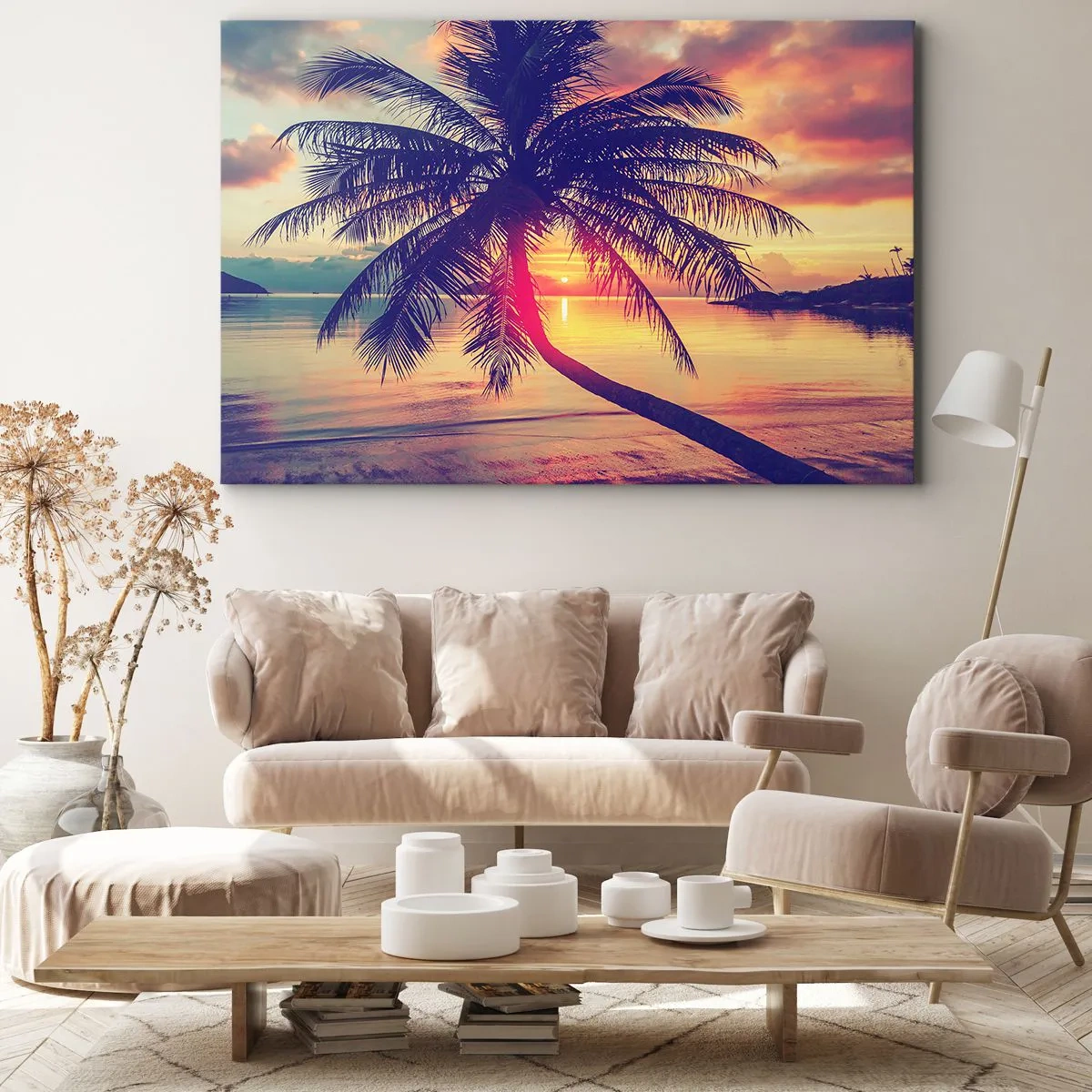 Bild auf Leinwand - Leinwandbild - Sonnenuntergang mit einer Palme über einem ruhigen Ufer - 70x50cm - Abend unter Palmen - Moderne Wanddekoration für Wohnzimmer und Schlafzimmer ARTTOR
