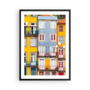 Poster in einem schwarzem Rahmen - Bunte Fassaden von Mietshäusern im portugiesischen Stil - 50x70cm - Farben der Altstadt - Moderne Wanddekoration für Wohnzimmer und Schlafzimmer ARTTOR