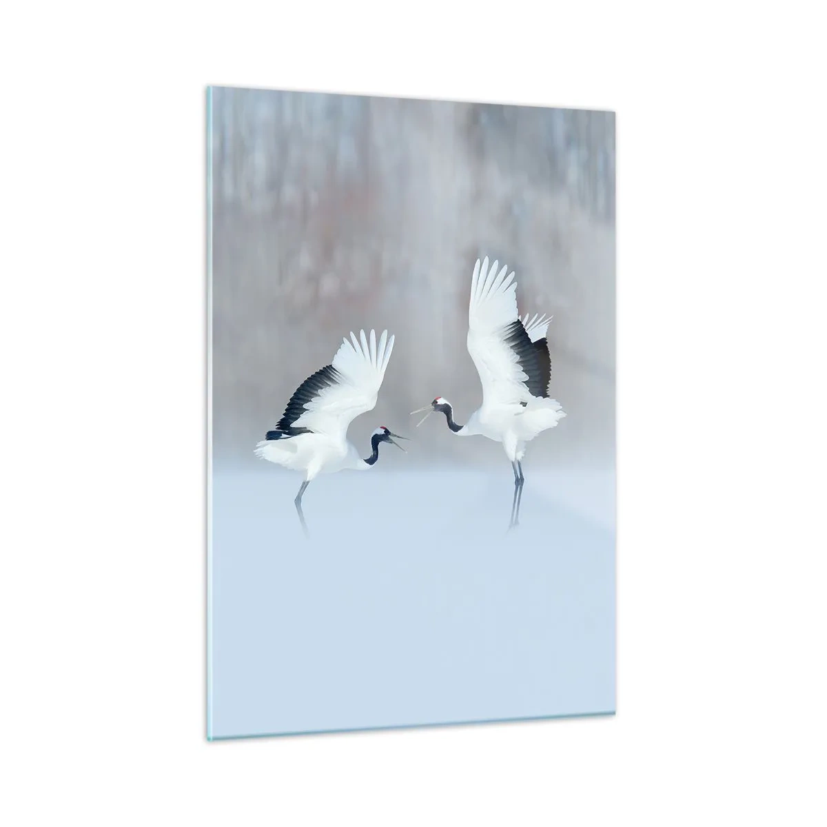 Glasbild - Bild auf glas - Tanzende Kraniche vor der Kulisse einer Winterlandschaft - 50x70cm - Tanz im Nebel - Moderne Wanddekoration für Wohnzimmer und Schlafzimmer ARTTOR