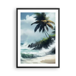 Poster in einem schwarzem Rahmen - Tropischer Strand mit Palmen und rauem Ozean - 50x70cm - Am tropischen Ufer - Moderne Wanddekoration für Wohnzimmer und Schlafzimmer ARTTOR