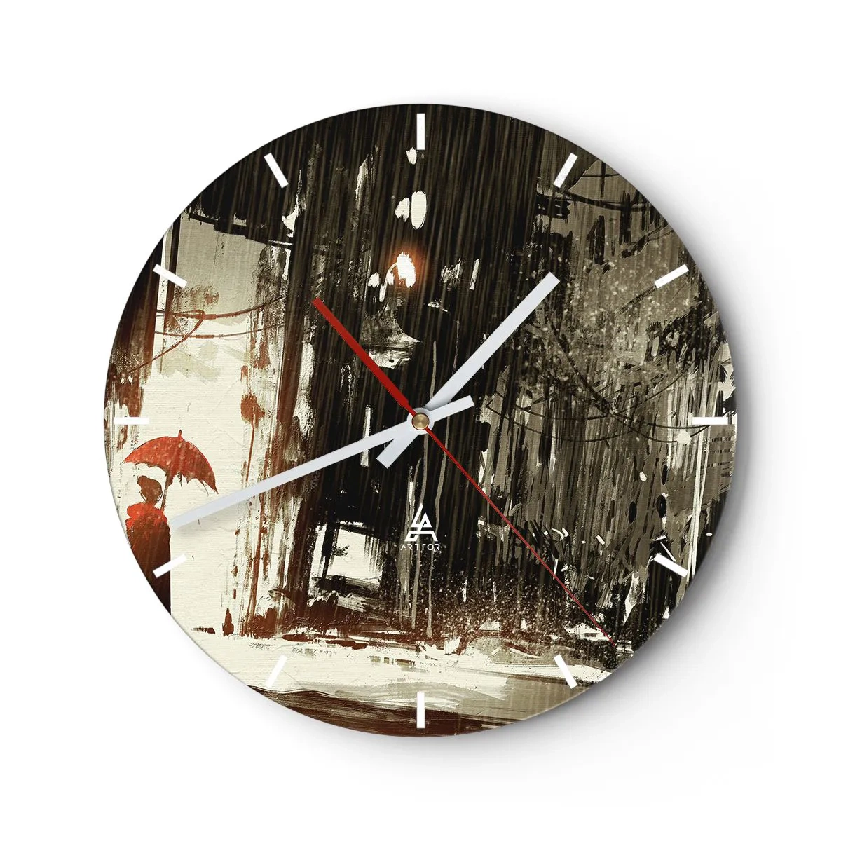 Wanduhr - Glasuhr - Eine Szene mit einem Regenschirm vor dem Hintergrund einer verregneten Straße - 30x30cm - Die Poesie des roten Regenschirms - Moderne Wanddekoration für Wohnzimmer, Küche und Schlafzimmer ARTTOR