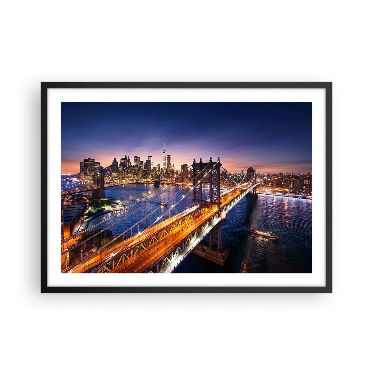 Poster in einem schwarzem Rahmen - Die Brücke und das Stadtpanorama bei Sonnenuntergang - 70x50cm - Eine leuchtende Brücke zum Herzen der Stadt - Moderne Wanddekoration für Wohnzimmer und Schlafzimmer ARTTOR