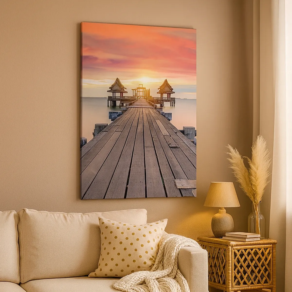 Bild auf Leinwand - Leinwandbild - Holzsteg führt zu Pavillons bei Sonnenuntergang - 50x70cm - Westen im Osten - Moderne Wanddekoration für Wohnzimmer und Schlafzimmer ARTTOR