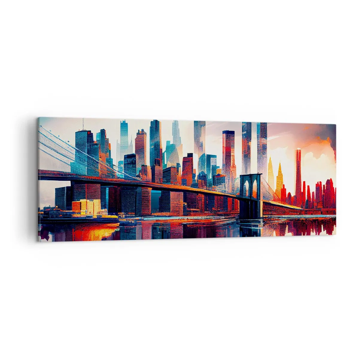 Bild auf Leinwand - Leinwandbild - New York City Panorama mit Brücke und Spiegelung im Wasser - 140x50cm - Traumhaftes New York - Moderne Wanddekoration für Wohnzimmer und Schlafzimmer ARTTOR