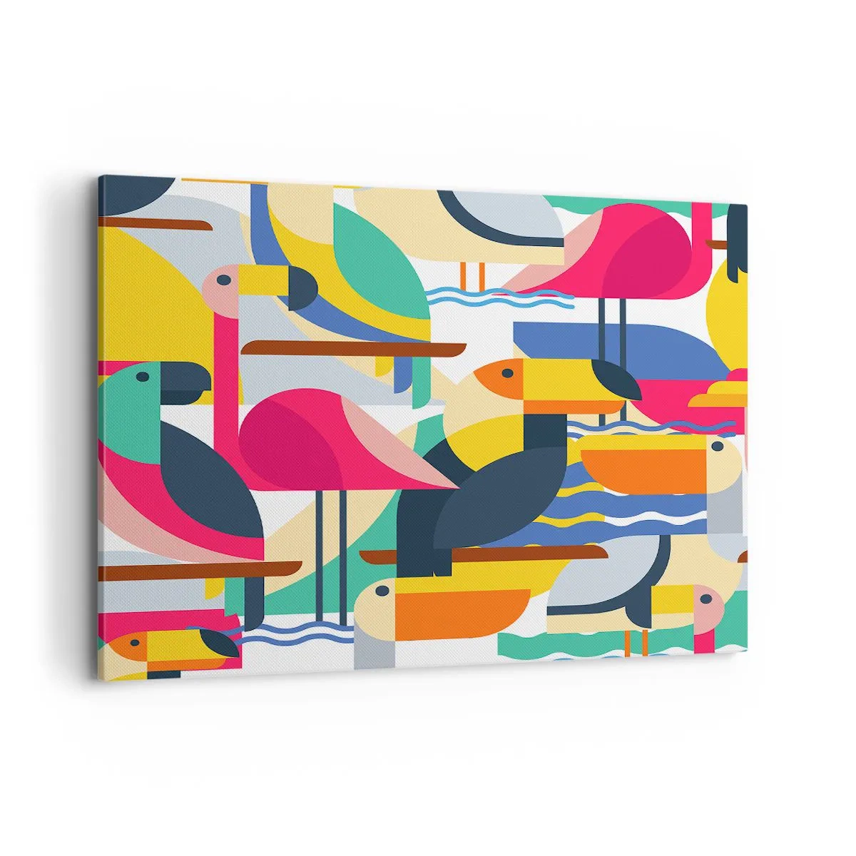 Bild auf Leinwand - Leinwandbild - Bunte Vögel in einer abstrakten, geometrischen Komposition - 120x80cm - Vogelparty - Moderne Wanddekoration für Wohnzimmer und Schlafzimmer ARTTOR
