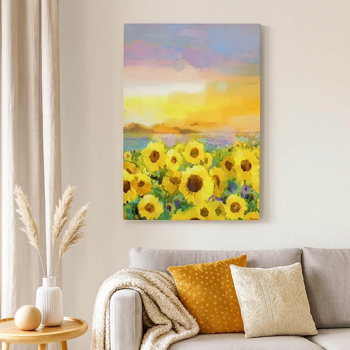 Bild auf Leinwand - Leinwandbild - Ein Sonnenblumenfeld im Licht der untergehenden Sonne - 50x70cm - Die Sonne selbst ist auf die Erde herabgestiegen - Moderne Wanddekoration für Wohnzimmer und Schlafzimmer ARTTOR
