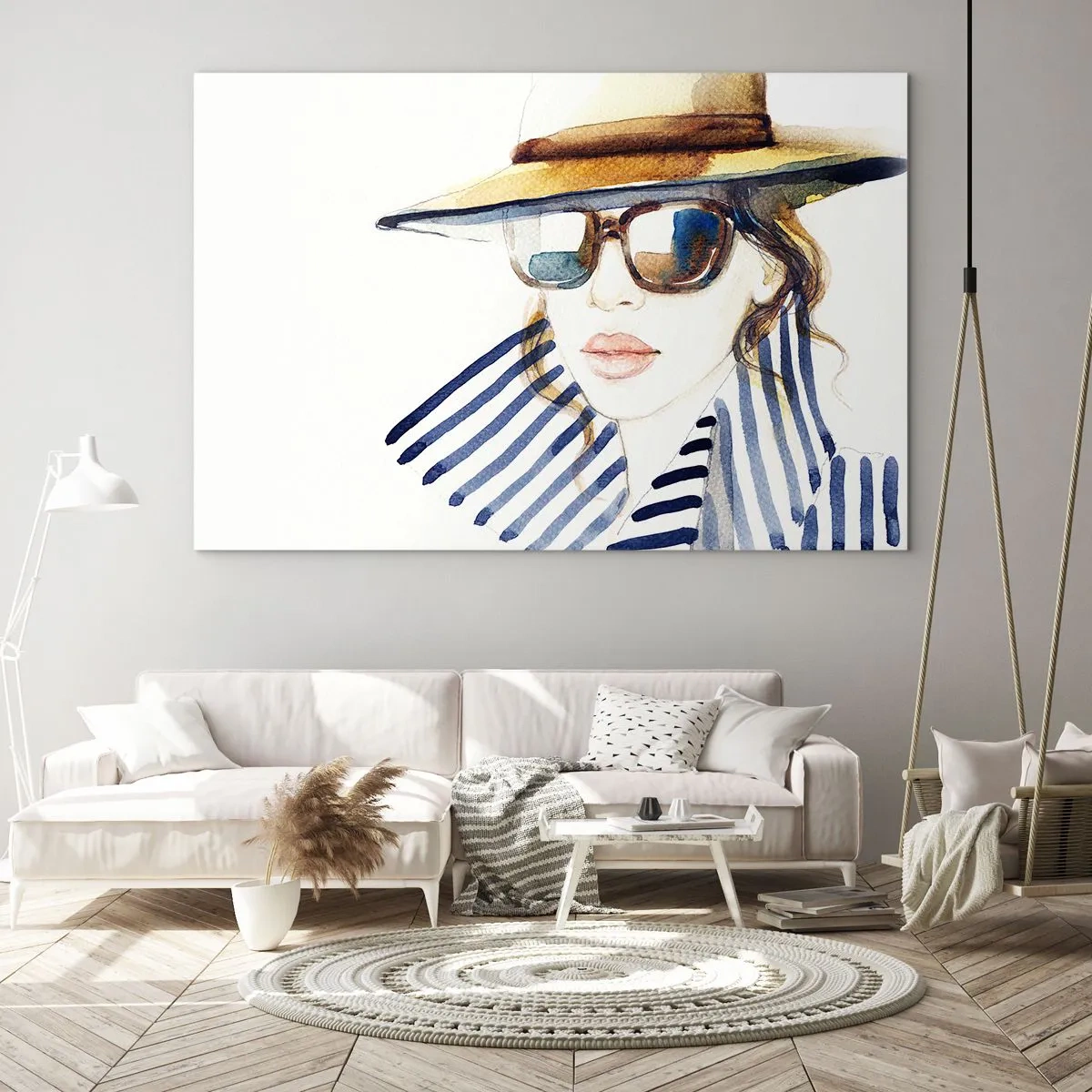 Glasbild - Bild auf glas - Stilvolle Frau mit Hut und Brille im Aquarellstil - 100x70cm - Florida heißt Sie willkommen! - Moderne Wanddekoration für Wohnzimmer und Schlafzimmer ARTTOR