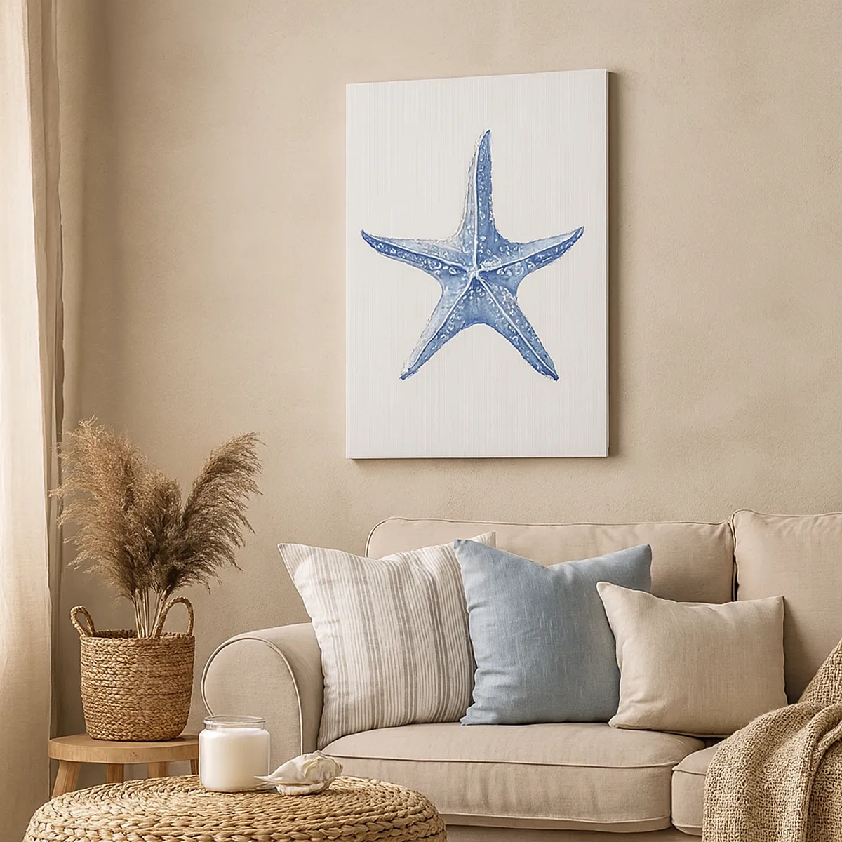 Bild auf Leinwand - Leinwandbild - Blauer Seestern auf weißem Hintergrund im minimalistischen Stil - 50x70cm - Stern des Meeres - Moderne Wanddekoration für Wohnzimmer und Schlafzimmer ARTTOR