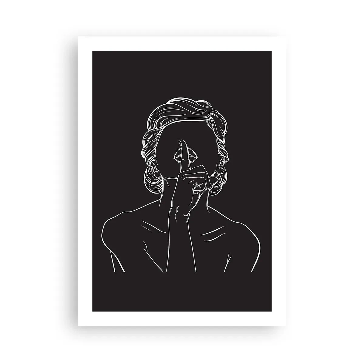 Poster - Eine minimalistische Illustration einer Frau, die vor einem schwarzen Hintergrund eine Schweigegeste macht. - 50x70cm - Schönheit erblüht in der Stille - Moderne Wanddekoration für Wohnzimmer und Schlafzimmer ARTTOR