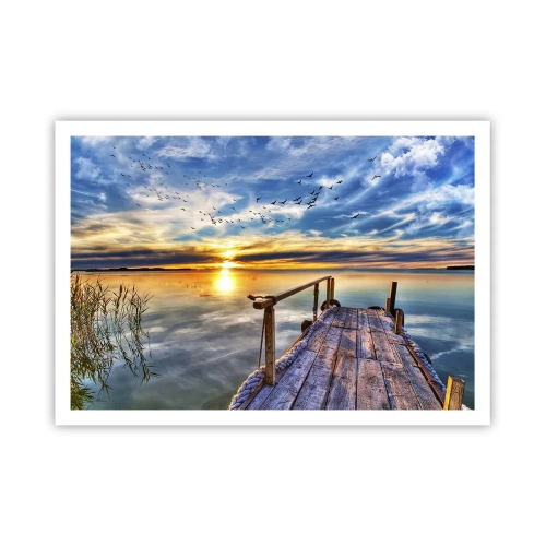 Poster - Holzsteg über dem See bei Sonnenuntergang - 100x70cm - Der Wind geht zur Ruhe - Moderne Wanddekoration für Wohnzimmer und Schlafzimmer ARTTOR