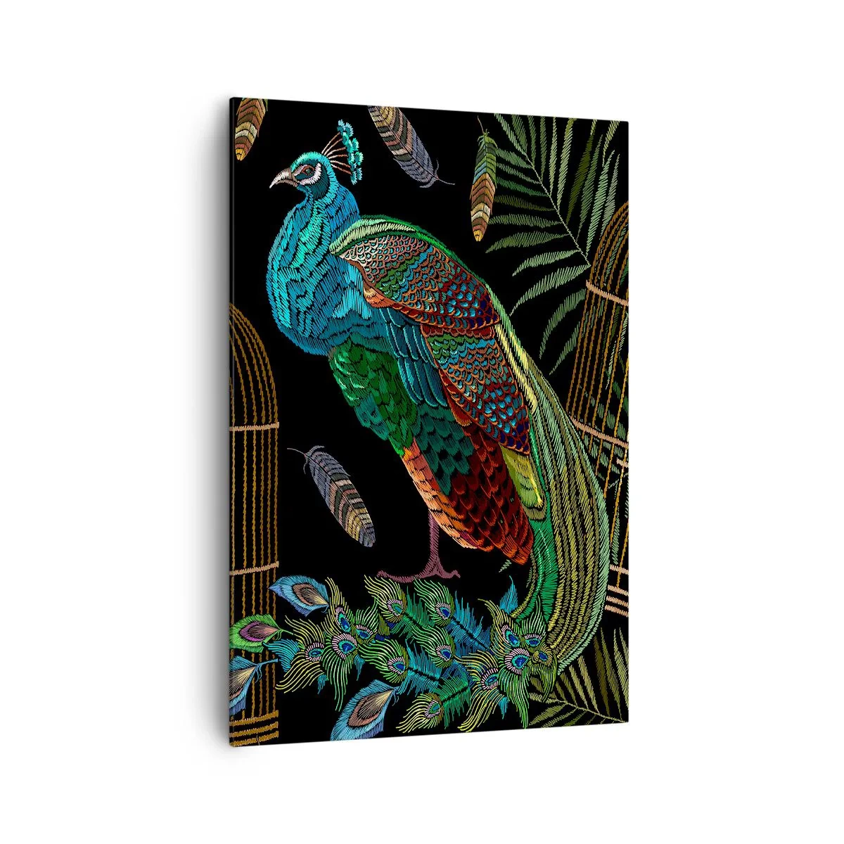 Bild auf Leinwand - Leinwandbild - Pfauen neben einem goldenen Käfig auf schwarzem Hintergrund - 70x100cm - In königlichen Gewändern - Moderne Wanddekoration für Wohnzimmer und Schlafzimmer ARTTOR