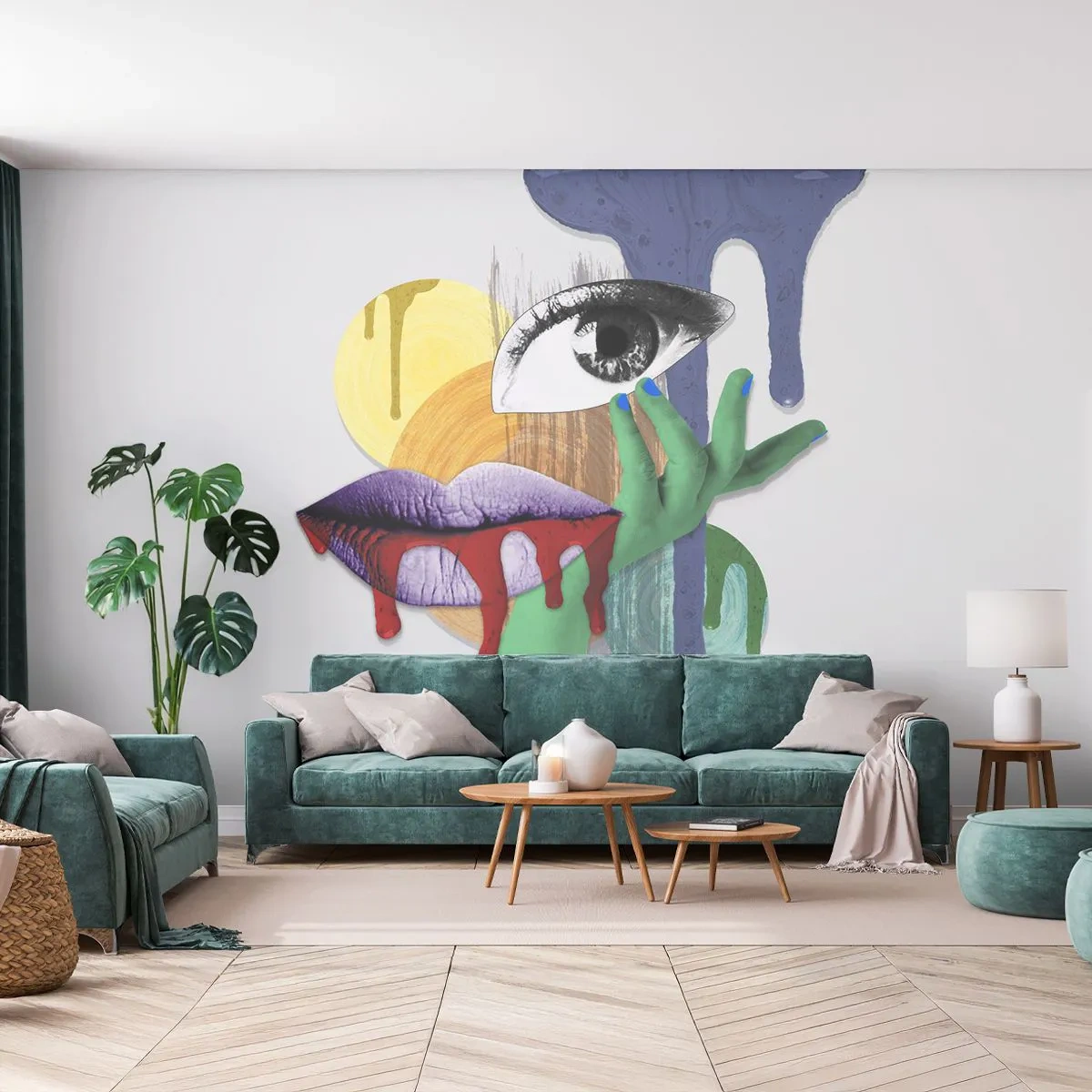 Fototapete Premium Sand - Abstrakte Collage-Komposition mit Auge und Mund - 100x70cm - Ein dekonstruiertes Porträt - Moderne Wanddekoration für Wohnzimmer und Schlafzimmer ARTTOR