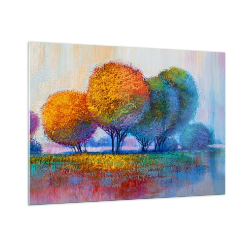 Glasbild - Bild auf glas - Bunte Bäume in Herbstfarben vor blauem Himmel - 100x70cm - Ein Haufen leuchtender Farben - Moderne Wanddekoration für Wohnzimmer und Schlafzimmer ARTTOR