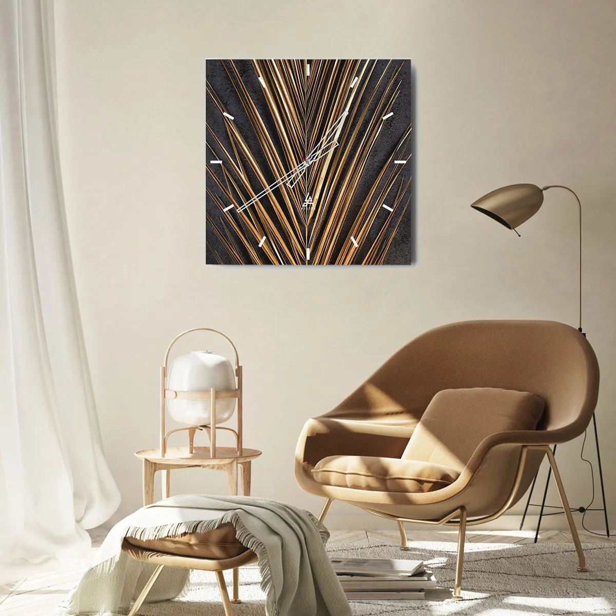 Wanduhr - Glasuhr - Goldenes tropisches Blatt auf schwarzem Hintergrund - 30x30cm - Das Gold der Tropen - Moderne Wanddekoration für Wohnzimmer und Schlafzimmer ARTTOR