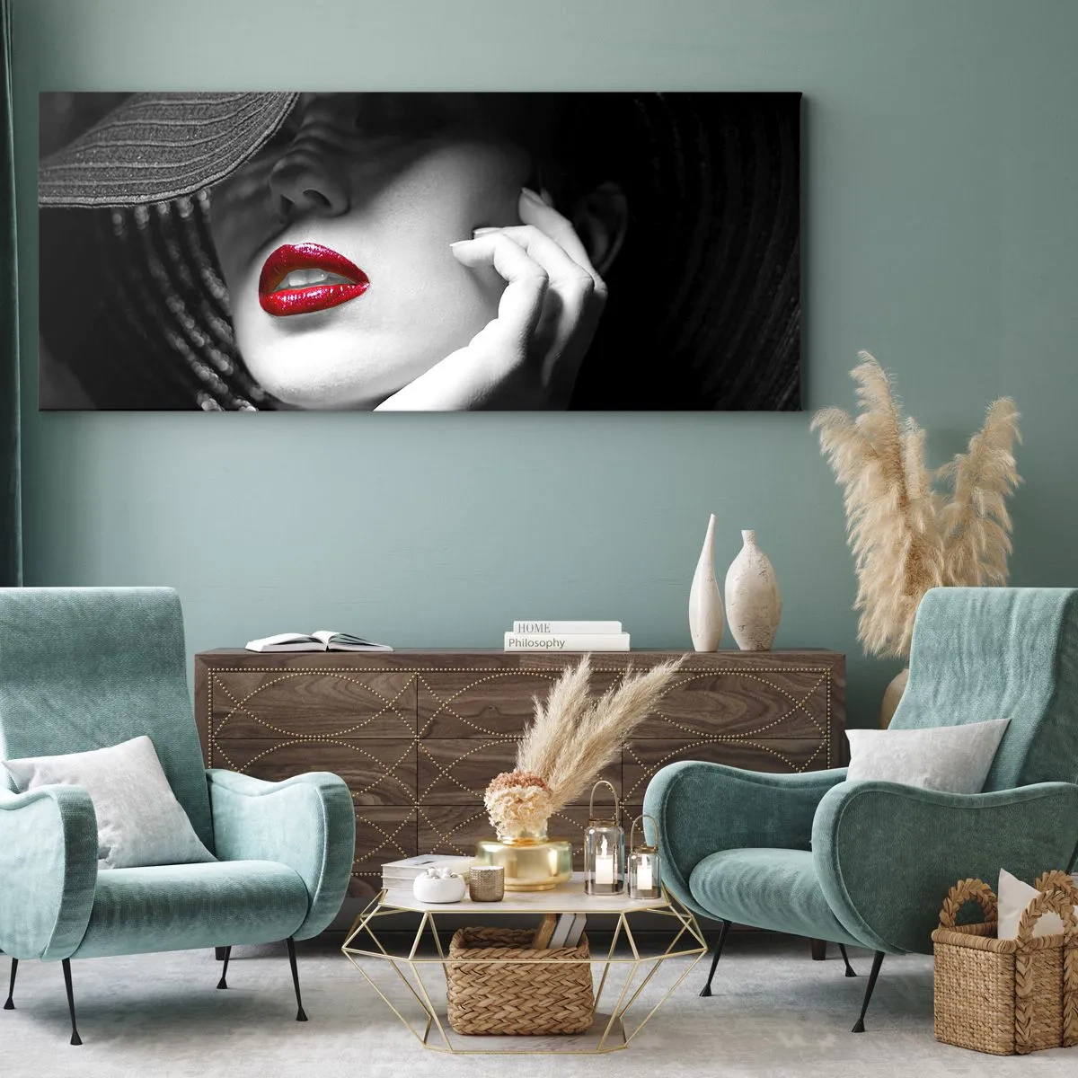 Bild auf Leinwand - Leinwandbild - Schwarz-Weiß-Porträt einer Frau mit roten Lippen - 120x50cm - Eine Studie in Scharlachrot - Moderne Wanddekoration für Wohnzimmer und Schlafzimmer ARTTOR