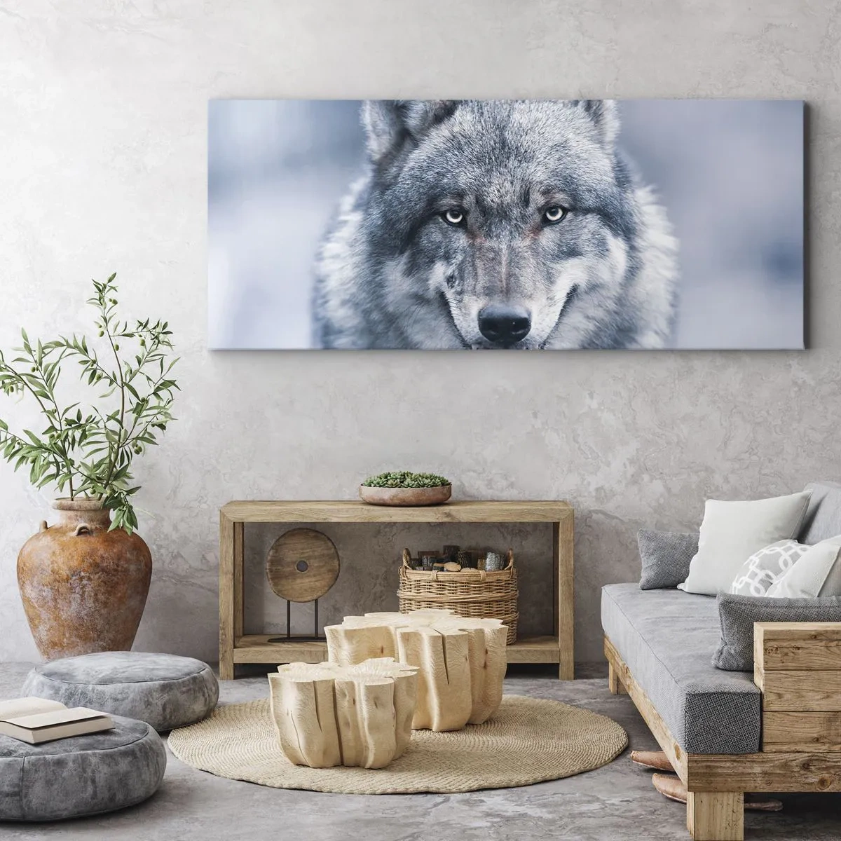 Bild auf Leinwand - Leinwandbild - Ein Wolf mit intensivem Blick in einer Winterlandschaft - 160x50cm - Werden Sie die Herausforderung annehmen? - Moderne Wanddekoration für Wohnzimmer und Schlafzimmer ARTTOR