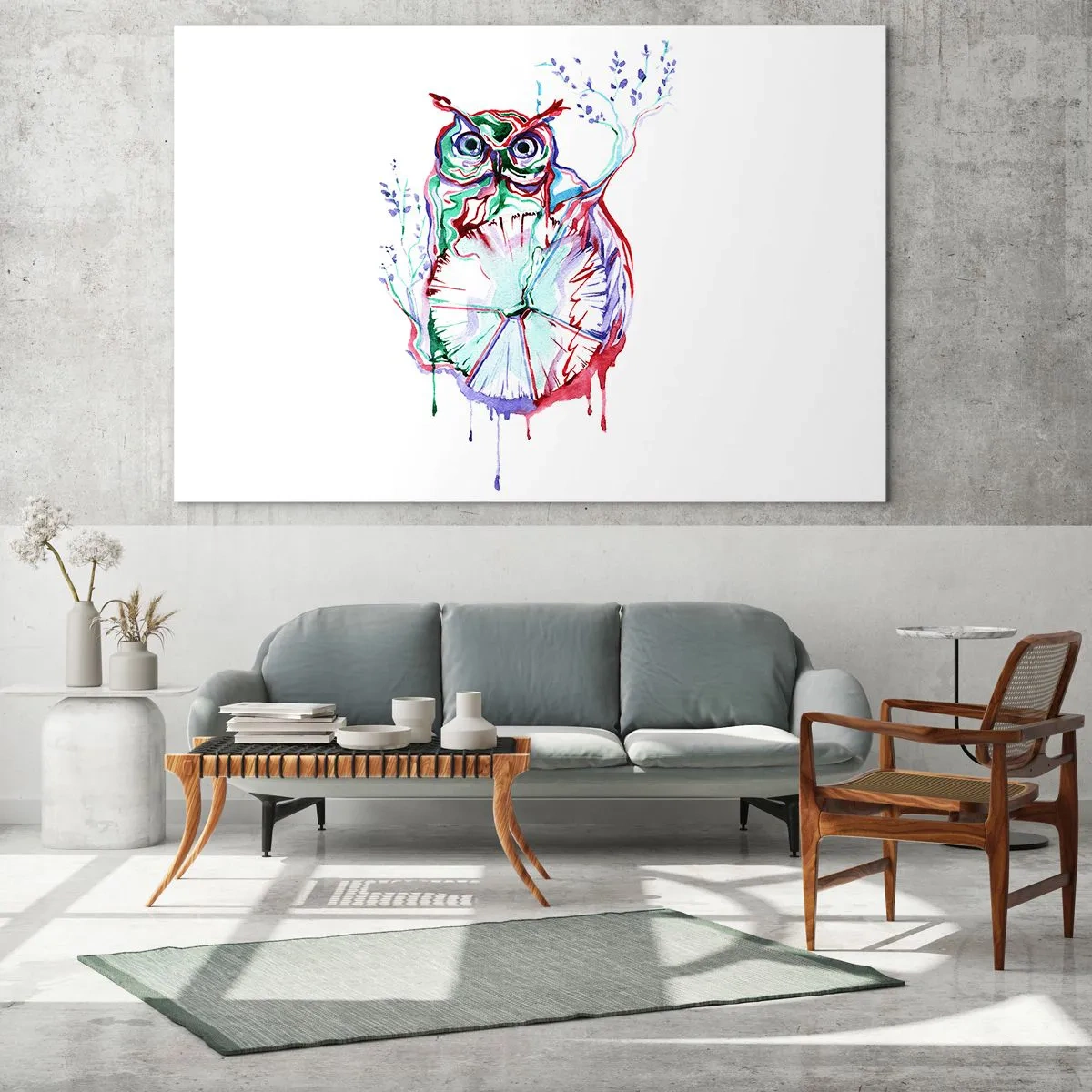 Glasbild - Bild auf glas - Abstrakte Eule in einer farbenfrohen Aquarellkomposition - 70x50cm - Von Natur aus klug - Moderne Wanddekoration für Wohnzimmer und Schlafzimmer ARTTOR