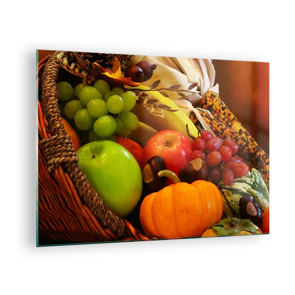 Glasbild - Bild auf glas - Ein Korb voller Obst und Gemüse in einem herbstlichen Arrangement - 70x50cm - Ein Korb voller Ernte - Moderne Wanddekoration für Wohnzimmer und Schlafzimmer ARTTOR
