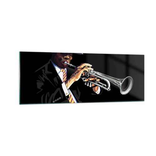 Glasbild - Bild auf glas - Ein Musiker spielt Trompete vor schwarzem Hintergrund - 140x50cm - Charme der alten Schule - Moderne Wanddekoration für Wohnzimmer und Schlafzimmer ARTTOR