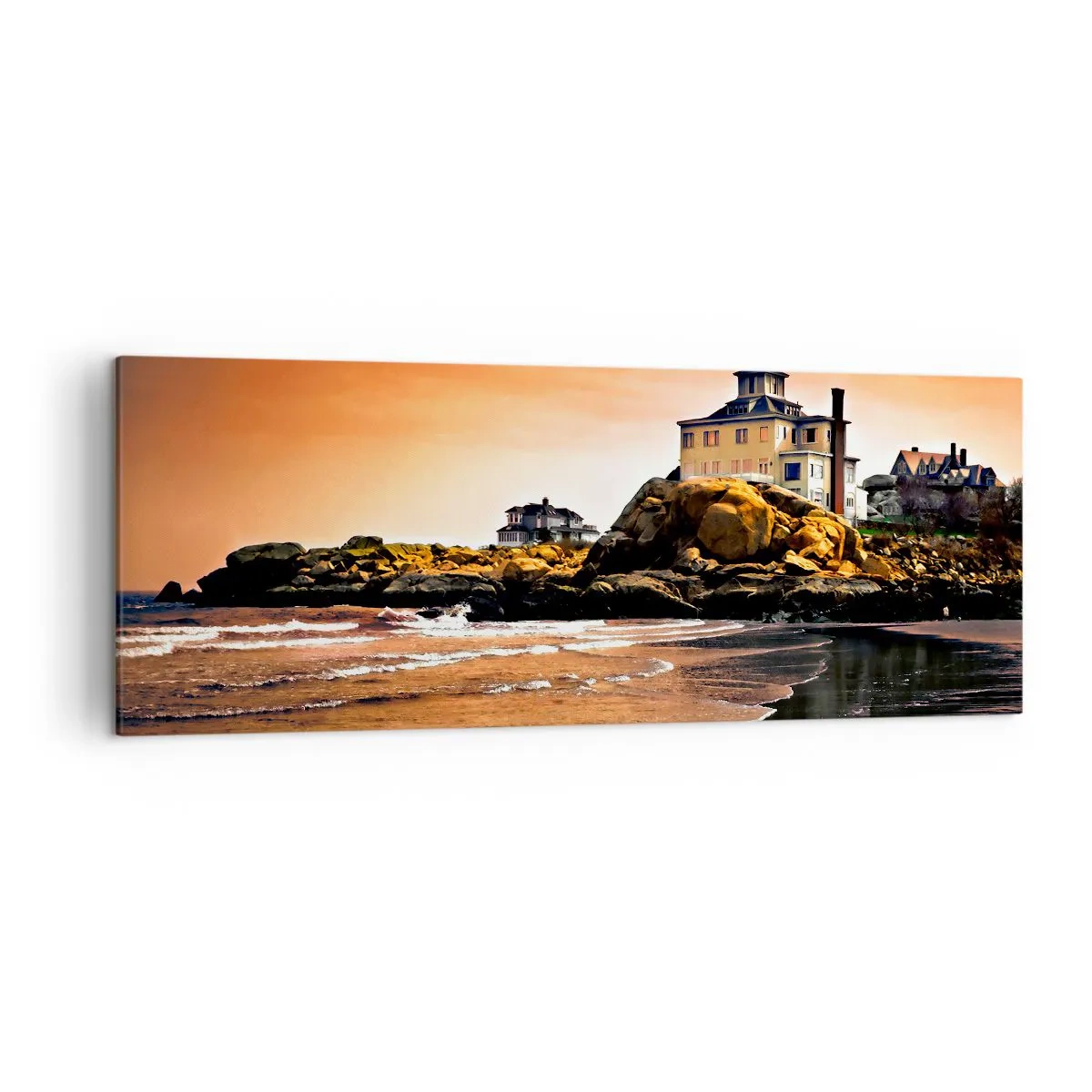 Bild auf Leinwand - Leinwandbild - Ein Haus auf einem Felsen am Strand bei Sonnenuntergang mit seiner Spiegelung im Wasser - 140x50cm - Eleganz der Westküste - Moderne Wanddekoration für Wohnzimmer und Schlafzimmer ARTTOR