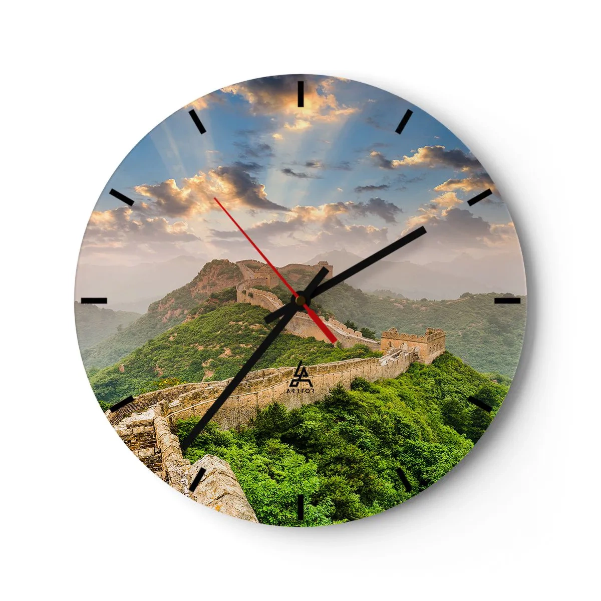 Wanduhr - Glasuhr - Die Chinesische Mauer bei Sonnenaufgang, umgeben von grünen Hügeln - 30x30cm - Ewige Größe - Moderne Wanddekoration für Wohnzimmer, Küche und Schlafzimmer ARTTOR