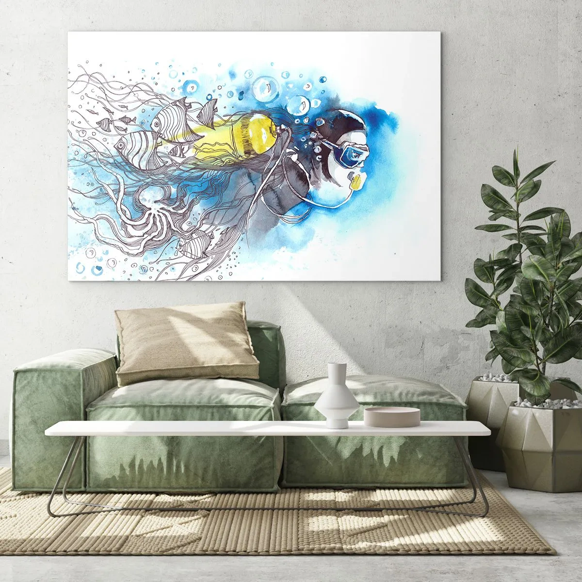 Glasbild - Bild auf glas - Taucher unter Wasser mit Fischen in künstlerischem Aquarell - 120x80cm - Tolles Blau - Moderne Wanddekoration für Wohnzimmer und Schlafzimmer ARTTOR