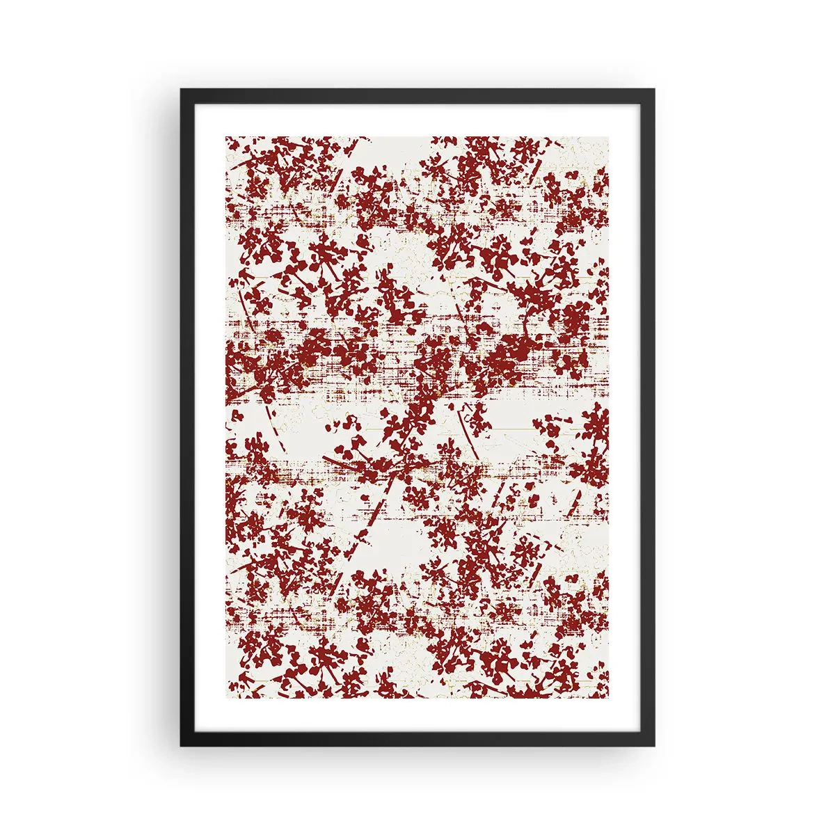 Poster in einem schwarzem Rahmen - Rote florale Akzente auf hellem Hintergrund - 50x70cm - Wie alter Perkal - Moderne Wanddekoration für Wohnzimmer und Schlafzimmer ARTTOR