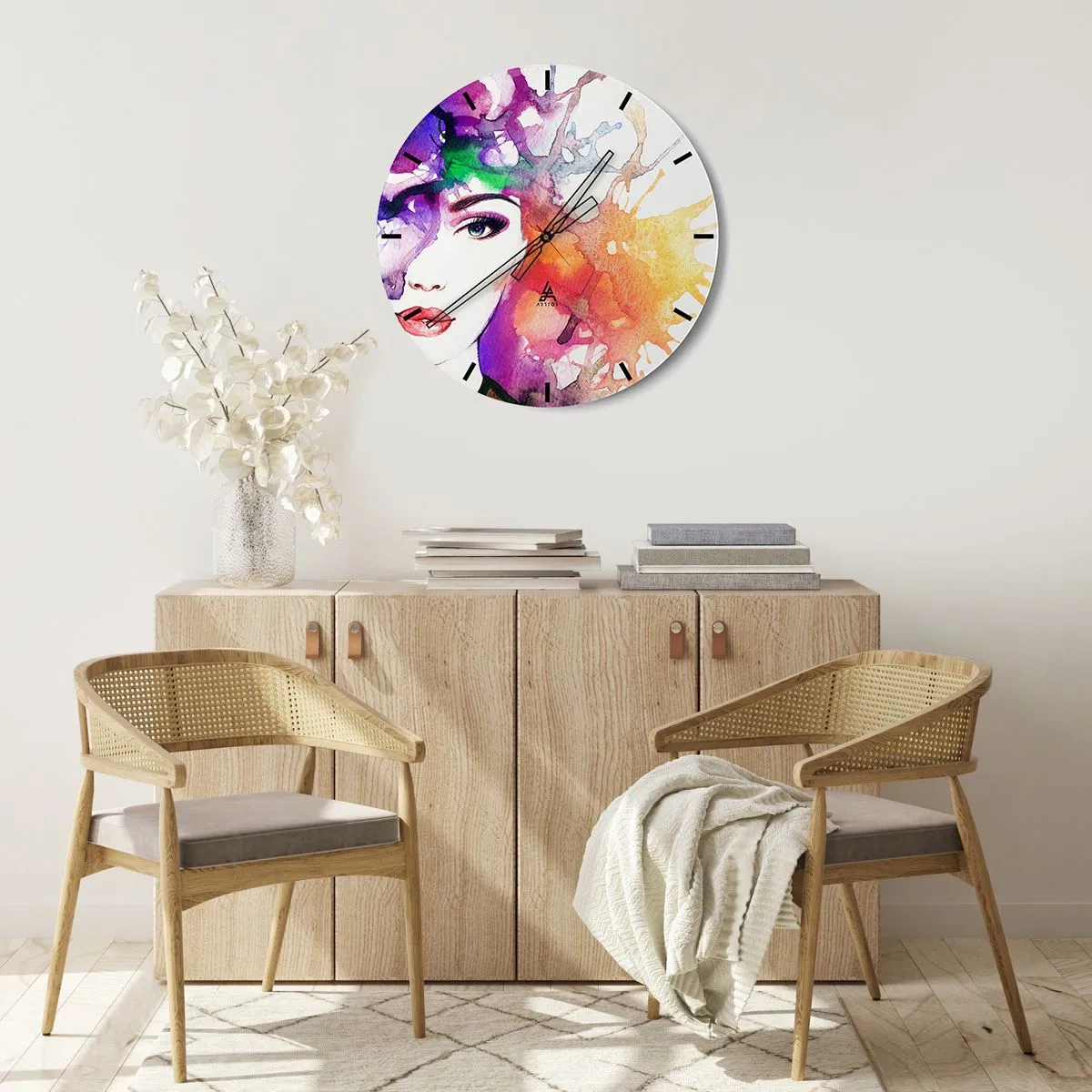 Wanduhr - Glasuhr - Abstraktes Frauengesicht, umgeben von bunten Flecken - 30x30cm - Mit dem Kopf in den Wolken - Moderne Wanddekoration für Wohnzimmer, Küche und Schlafzimmer ARTTOR