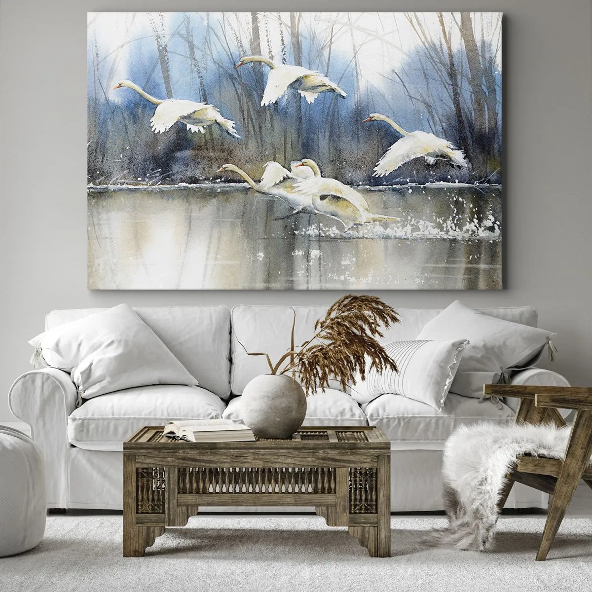 Bild auf Leinwand - Leinwandbild - Schwäne im Flug über einem zugefrorenen See in einer Winterlandschaft - 70x50cm - Wie im Märchen von den wilden Schwänen - Moderne Wanddekoration für Wohnzimmer und Schlafzimmer ARTTOR