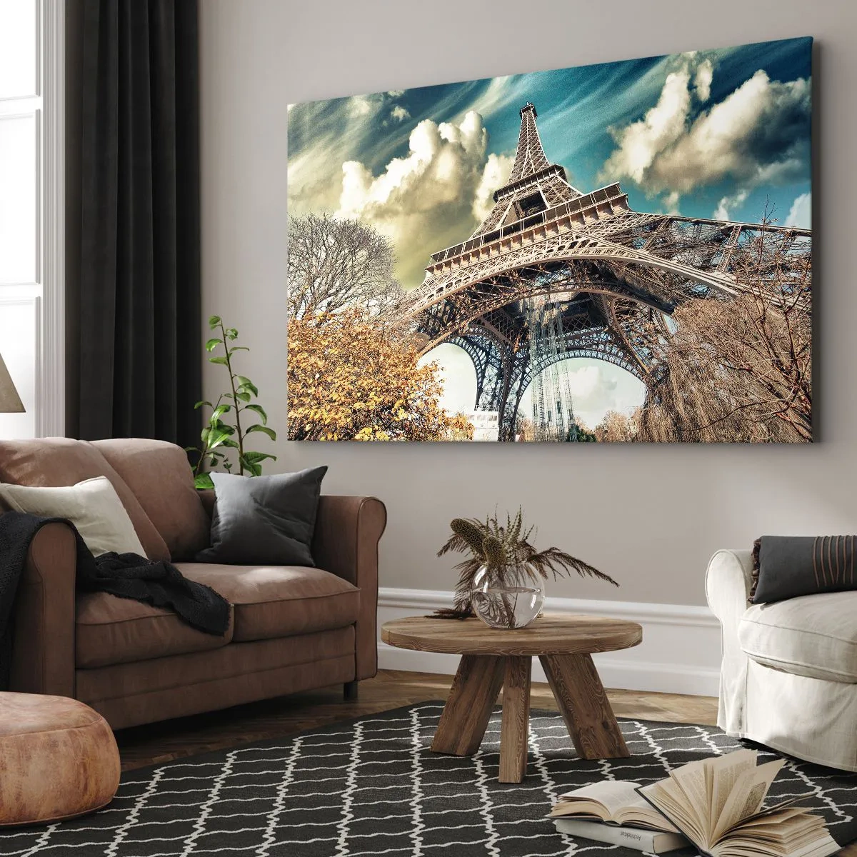 Bild auf Leinwand - Leinwandbild - Der Eiffelturm von unten in herbstlicher Kulisse - 100x70cm - Und im Herbst in Paris ... - Moderne Wanddekoration für Wohnzimmer und Schlafzimmer ARTTOR