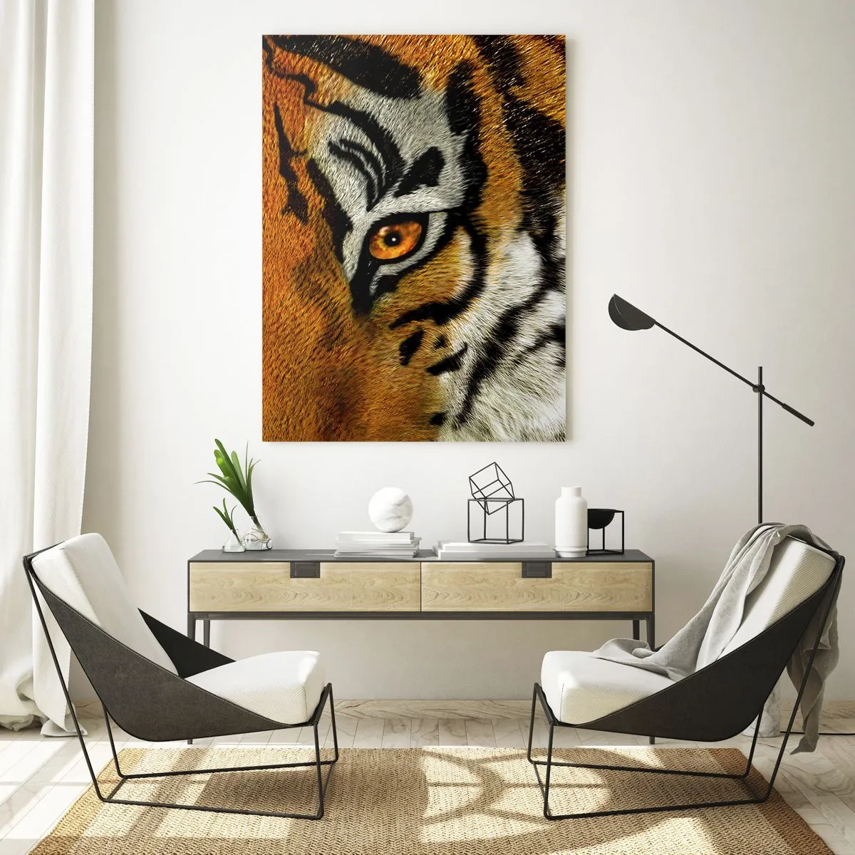 Glasbild - Bild auf glas - Nahaufnahme eines Tigers mit intensivem Blick - 80x120cm - Schrecklich und schön - Moderne Wanddekoration für Wohnzimmer und Schlafzimmer ARTTOR