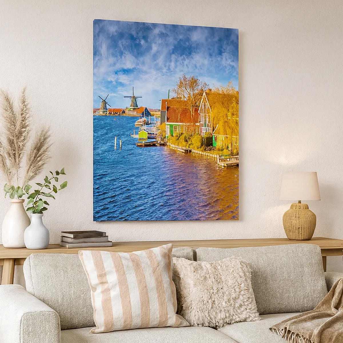 Bild auf Leinwand - Leinwandbild - Malerische Häuser und Windmühlen am Wasser - 50x70cm - Seit Jahrhunderten keine Veränderung - Moderne Wanddekoration für Wohnzimmer und Schlafzimmer ARTTOR