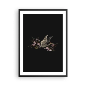 Poster in einem schwarzem Rahmen - Ein Kranich, umgeben von blühenden Zweigen auf schwarzem Hintergrund - 50x70cm - Exotischer gestickter Vogel - Moderne Wanddekoration für Wohnzimmer und Schlafzimmer ARTTOR