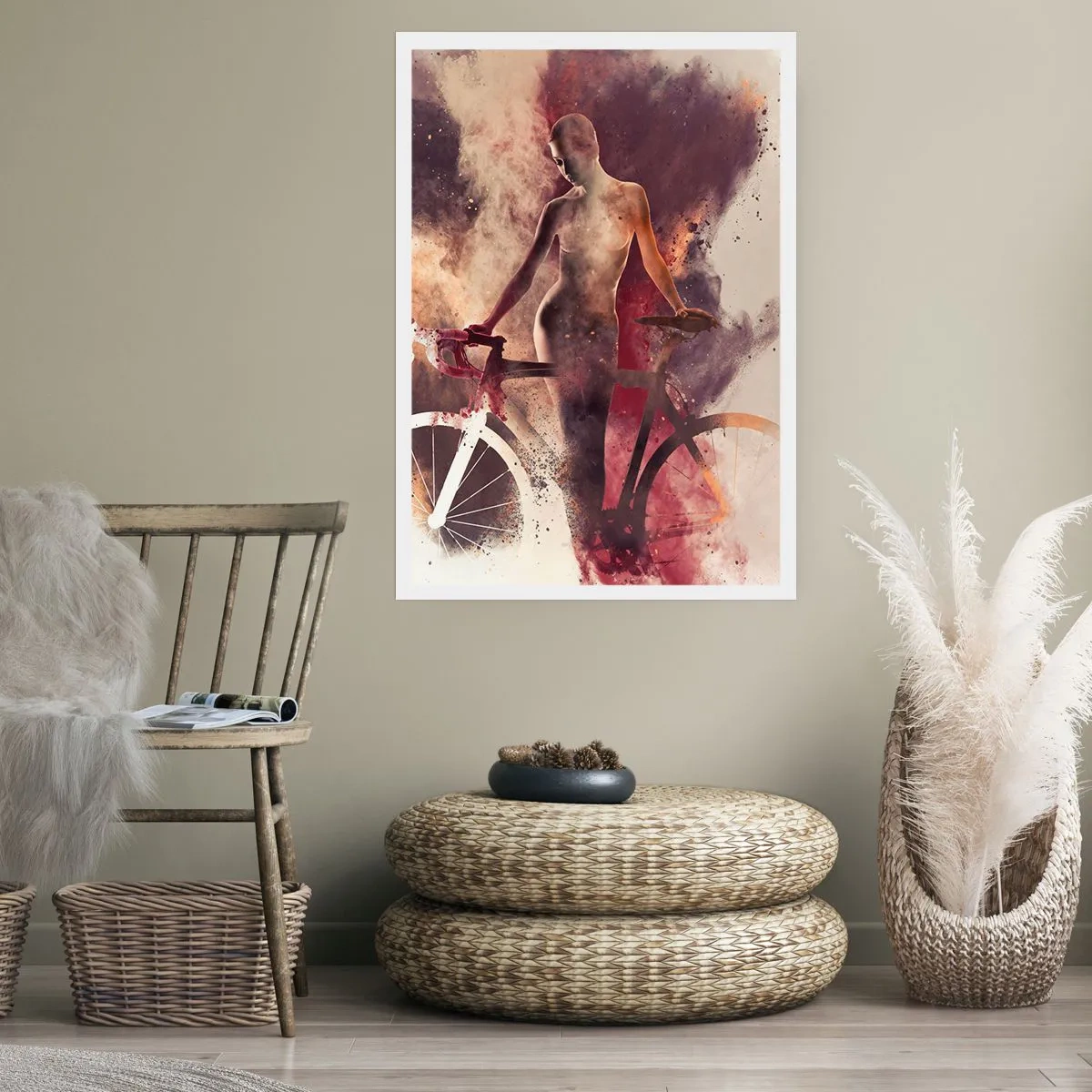 Poster - Silhouette einer Frau mit einem Fahrrad vor einem künstlerischen, rauchigen Hintergrund - 50x70cm - Eine Fahrradseele in Marmorformen - Moderne Wanddekoration für Wohnzimmer und Schlafzimmer ARTTOR