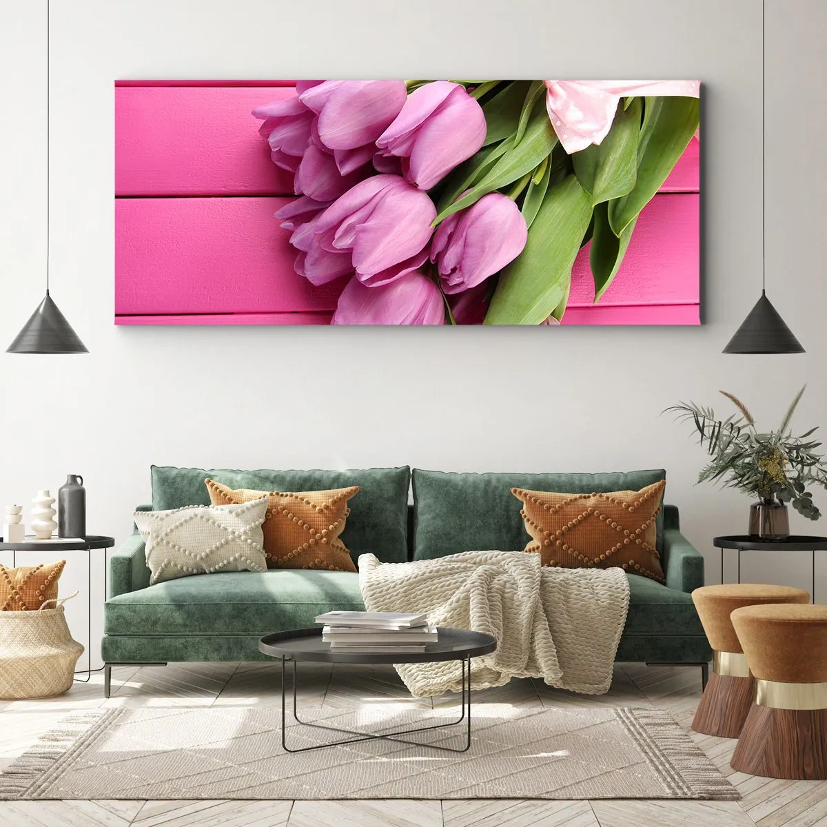 Bild auf Leinwand - Leinwandbild - Ein Strauß rosa Tulpen mit Schleife auf rosa Hintergrund - 160x50cm - Nur für dich - Moderne Wanddekoration für Wohnzimmer und Schlafzimmer ARTTOR