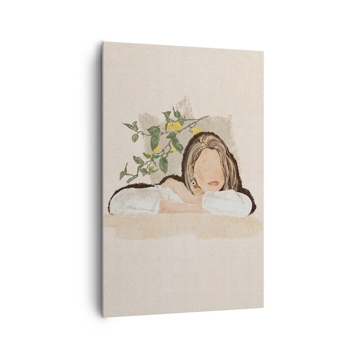 Bild auf Leinwand - Leinwandbild - Die Figur einer Frau vor dem Hintergrund eines Zitronenbaums - 80x120cm - Südländische Schönheit - Moderne Wanddekoration für Wohnzimmer und Schlafzimmer ARTTOR