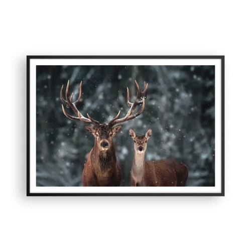 Poster in einem schwarzem Rahmen - Hirsche im verschneiten Winterwald - 100x70cm - Herr des Waldes mit seiner Frau - Moderne Wanddekoration für Wohnzimmer und Schlafzimmer ARTTOR