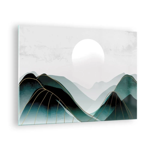 Glasbild - Bild auf glas - Berglandschaft mit weißer Sonne und goldenen Linien - 70x50cm - In voller Majestät - Moderne Wanddekoration für Wohnzimmer und Schlafzimmer ARTTOR