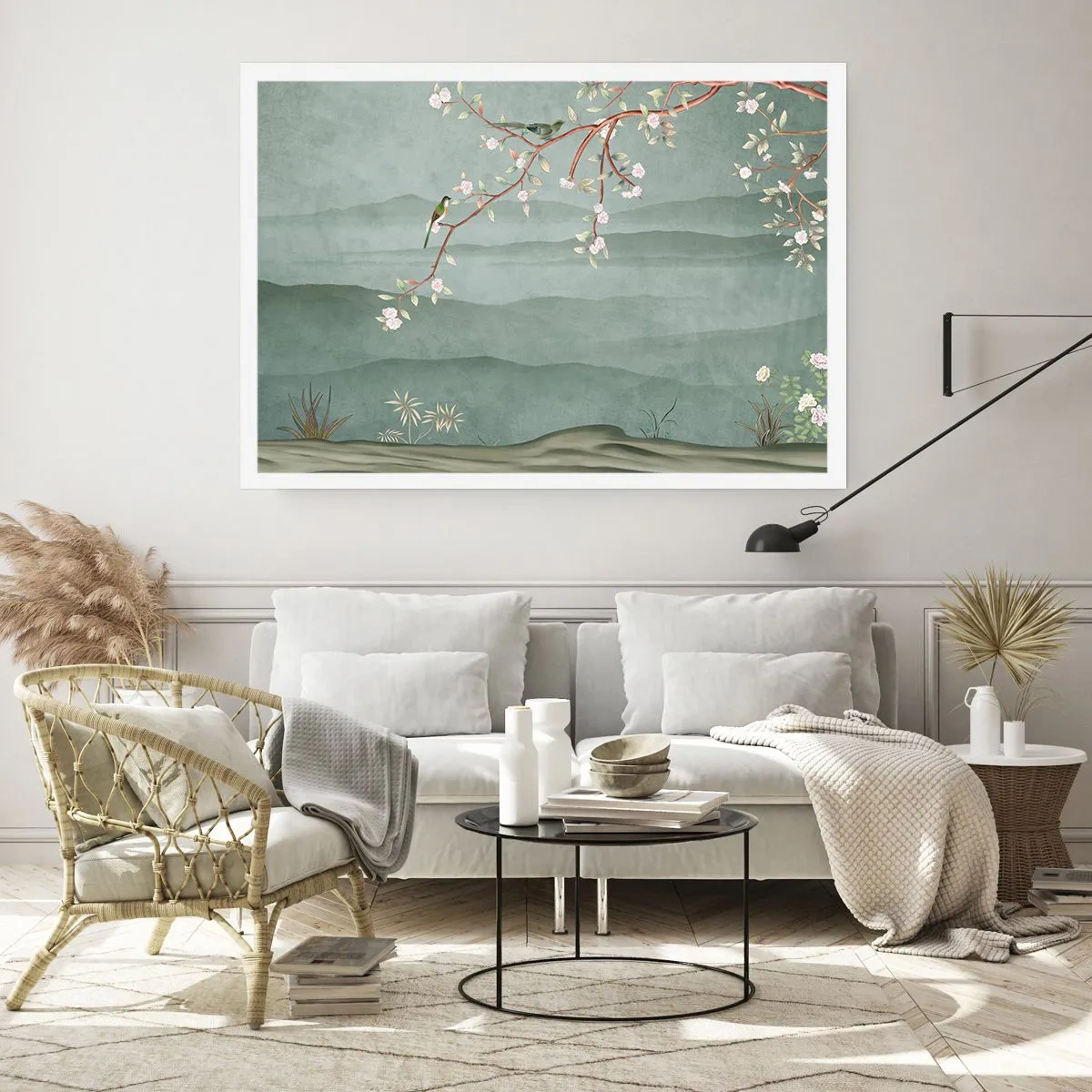 Poster - Ein malerisches Bild eines blühenden Baumzweigs mit Vögeln vor dem Hintergrund grüner Hügel. - 100x70cm - Frühling, oh, du bist es - Moderne Wanddekoration für Wohnzimmer und Schlafzimmer ARTTOR