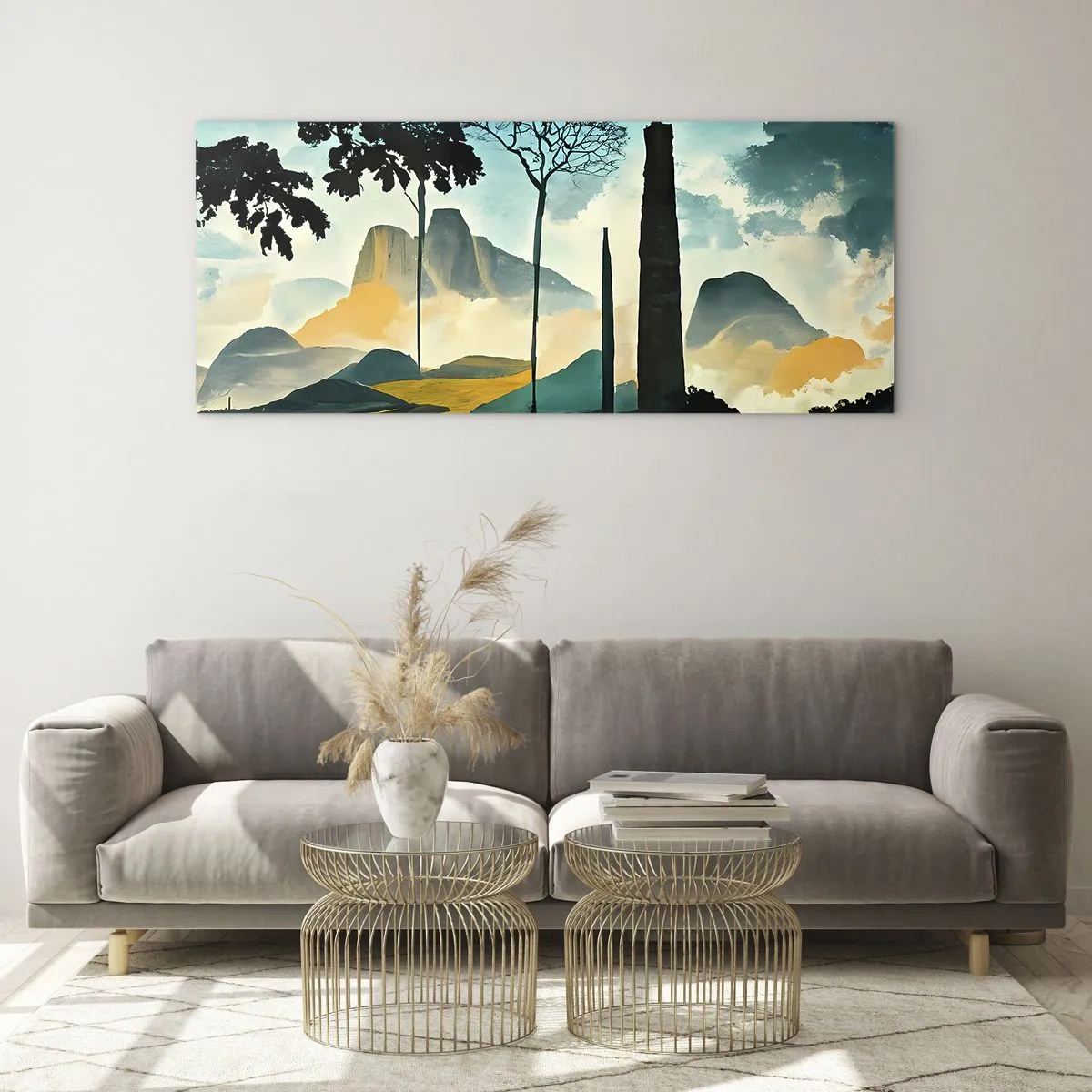Glasbild - Bild auf glas - Eine malerische Landschaft mit Bäumen und Bergen im Hintergrund - 140x50cm - Immer höher und höher - Moderne Wanddekoration für Wohnzimmer und Schlafzimmer ARTTOR